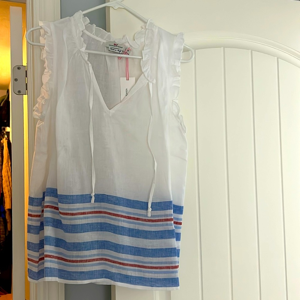 Vineyard Vines Linen Americana Ruffle Popover Blouse